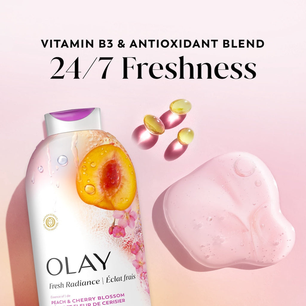 Olay Fresh Radiance Body Wash with Essence of Peach and Cherry Blossom, Vitamin B3 and Antioxidant Blend 22oz