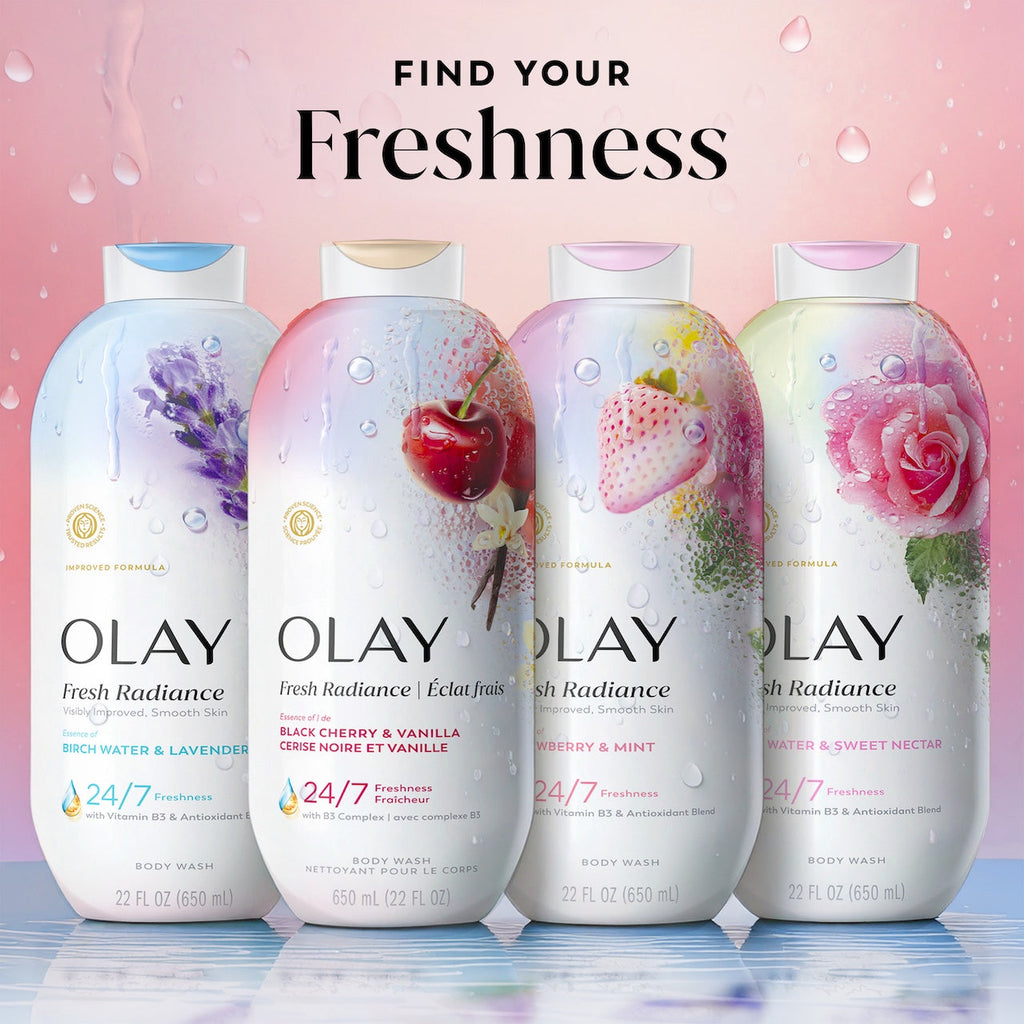 Olay Fresh Radiance Body Wash with Essence of Black Cherry and Vanilla, Vitamin B3 and Antioxidant Blend 22oz