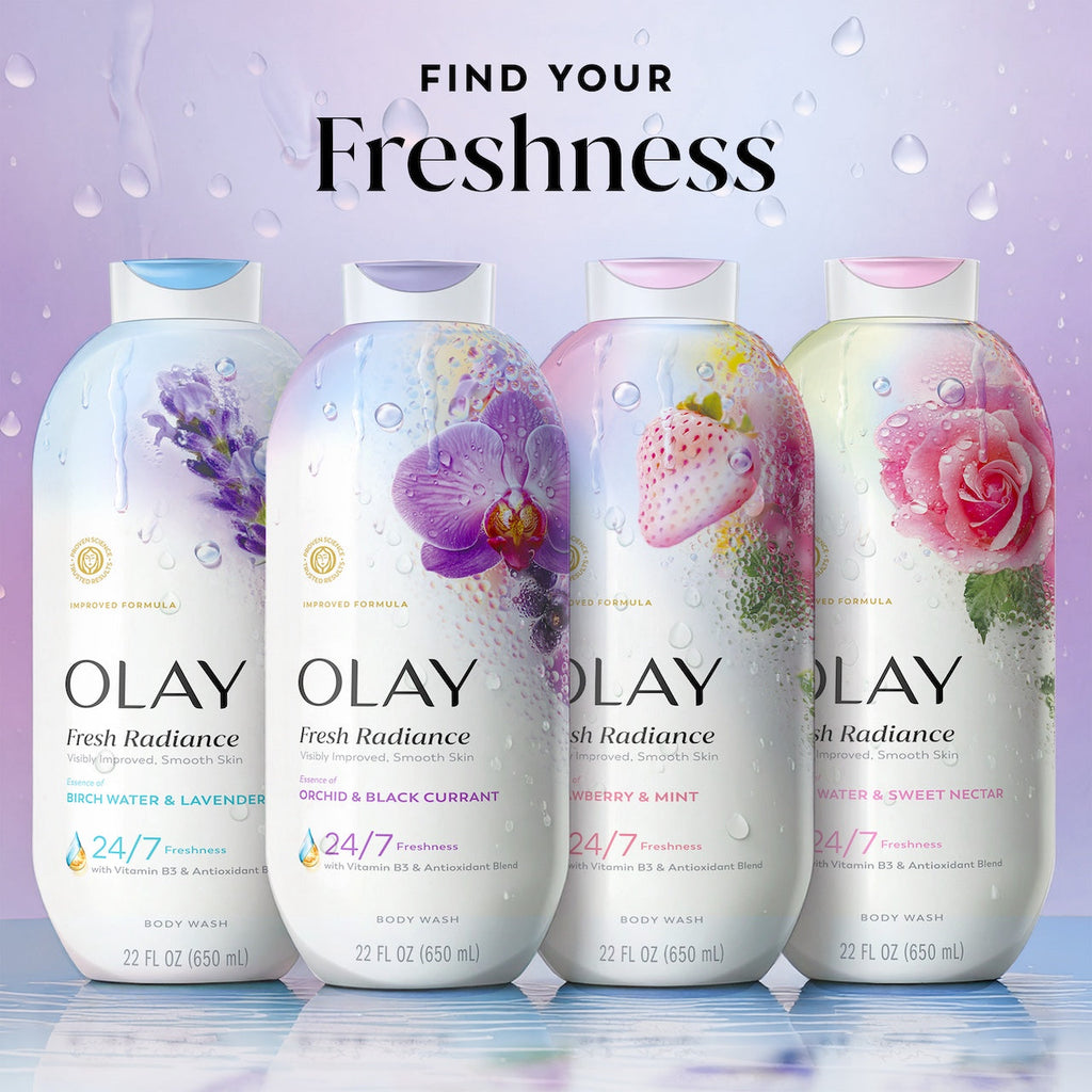 Olay Fresh Radiance Body Wash with Essence of Orchid and Black Currant, Vitamin B3 and Antioxidant Blend 22oz