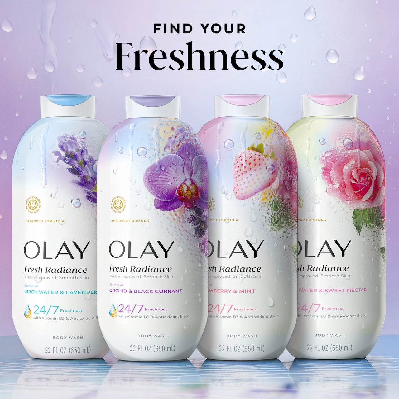 Olay Fresh Radiance Body Wash with Essence of Orchid and Black Currant, Vitamin B3 and Antioxidant Blend 22oz