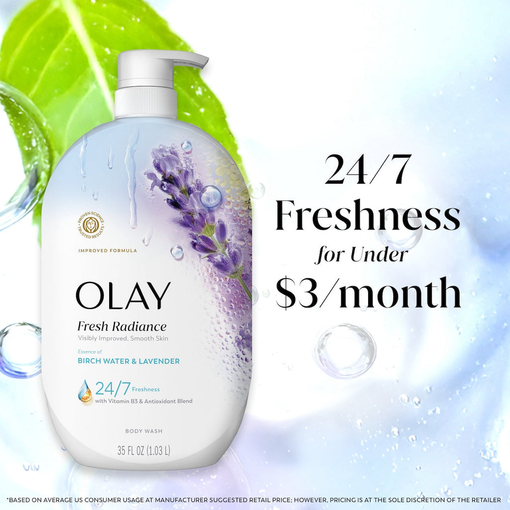 Olay Fresh Radiance Body Wash with Essence of Birch Water and Lavender, Vitamin B3 and Antioxidant Blend 35oz