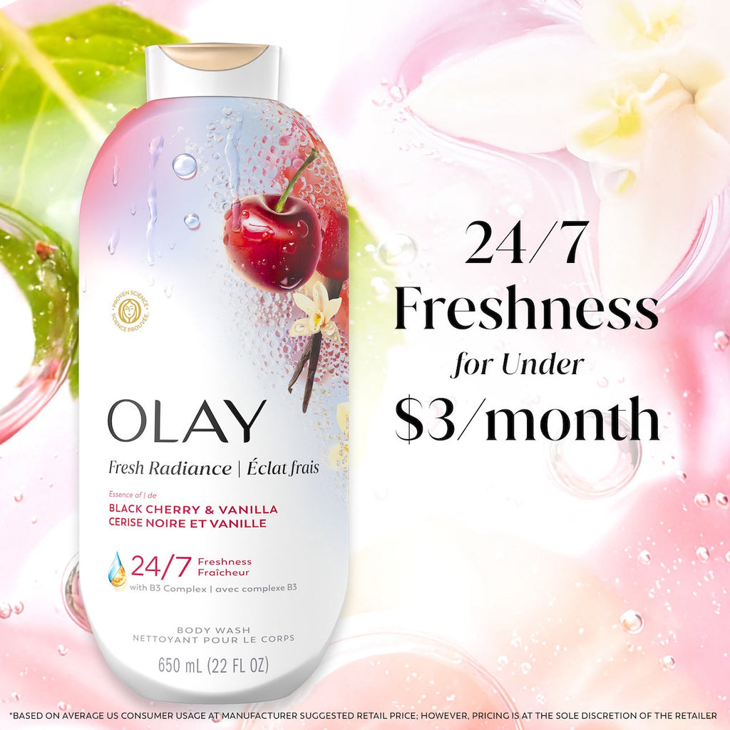 Olay Fresh Radiance Body Wash with Essence of Black Cherry and Vanilla, Vitamin B3 and Antioxidant Blend 22oz