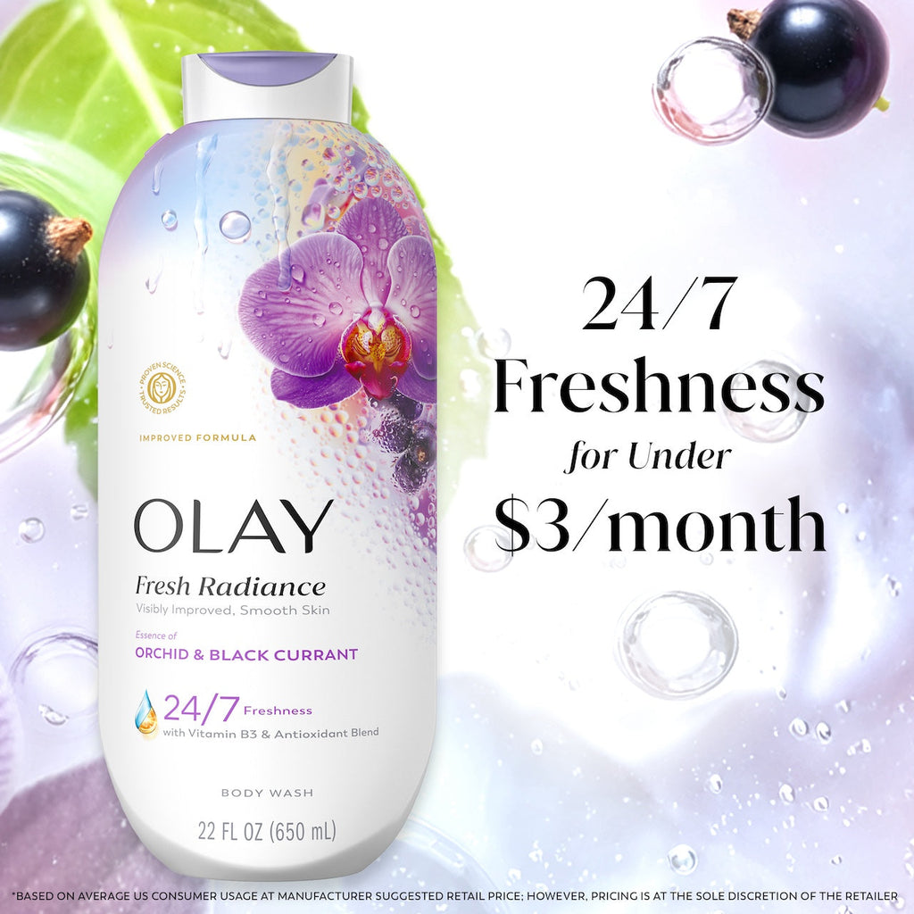Olay Fresh Radiance Body Wash with Essence of Orchid and Black Currant, Vitamin B3 and Antioxidant Blend 22oz