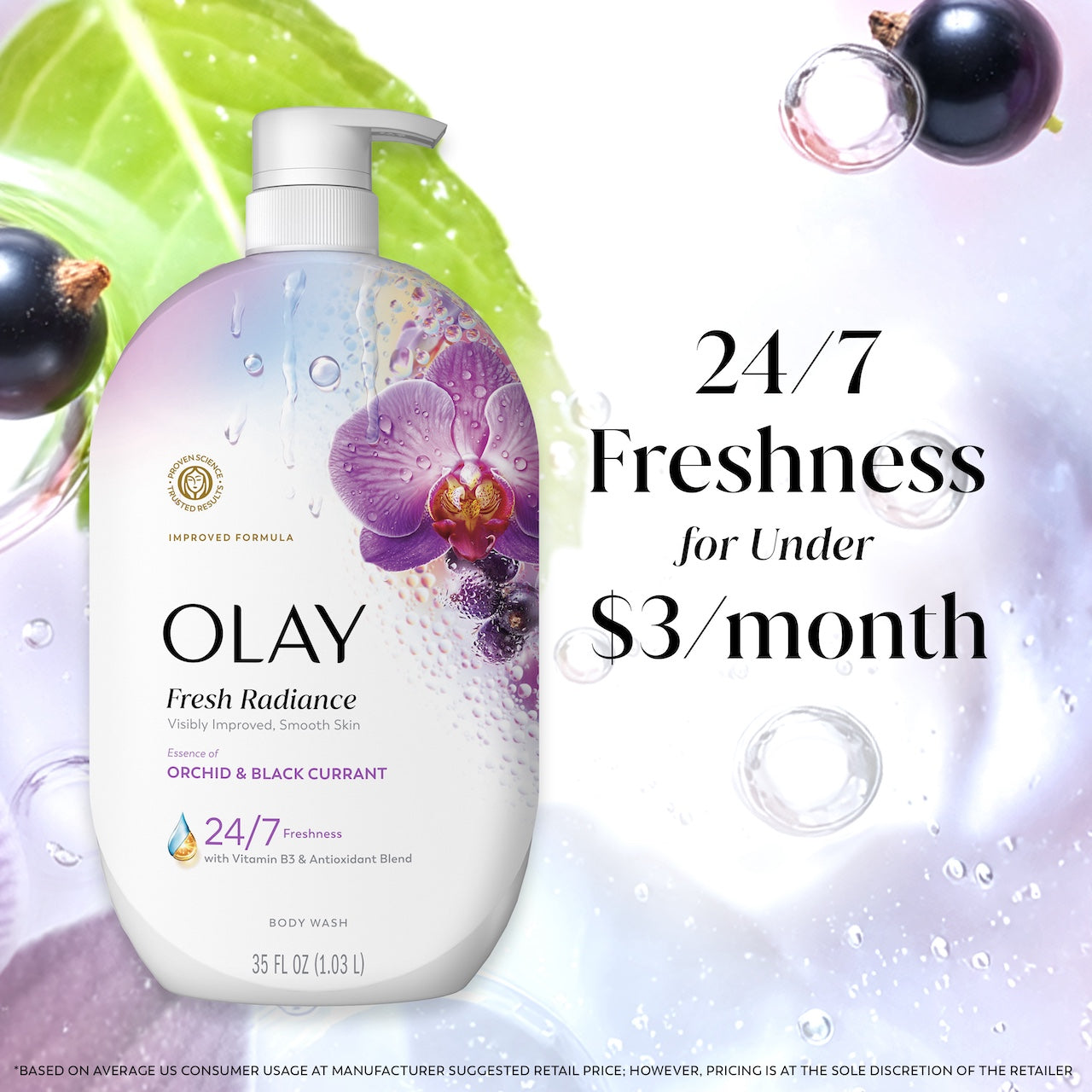 Olay Fresh Radiance Body Wash with Essence of Orchid and Black Currant, Vitamin B3 and Antioxidant Blend 35oz