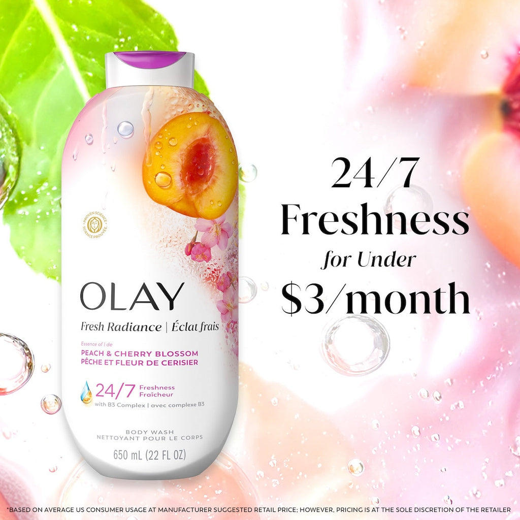 Olay Fresh Radiance Body Wash with Essence of Peach and Cherry Blossom, Vitamin B3 and Antioxidant Blend 22oz
