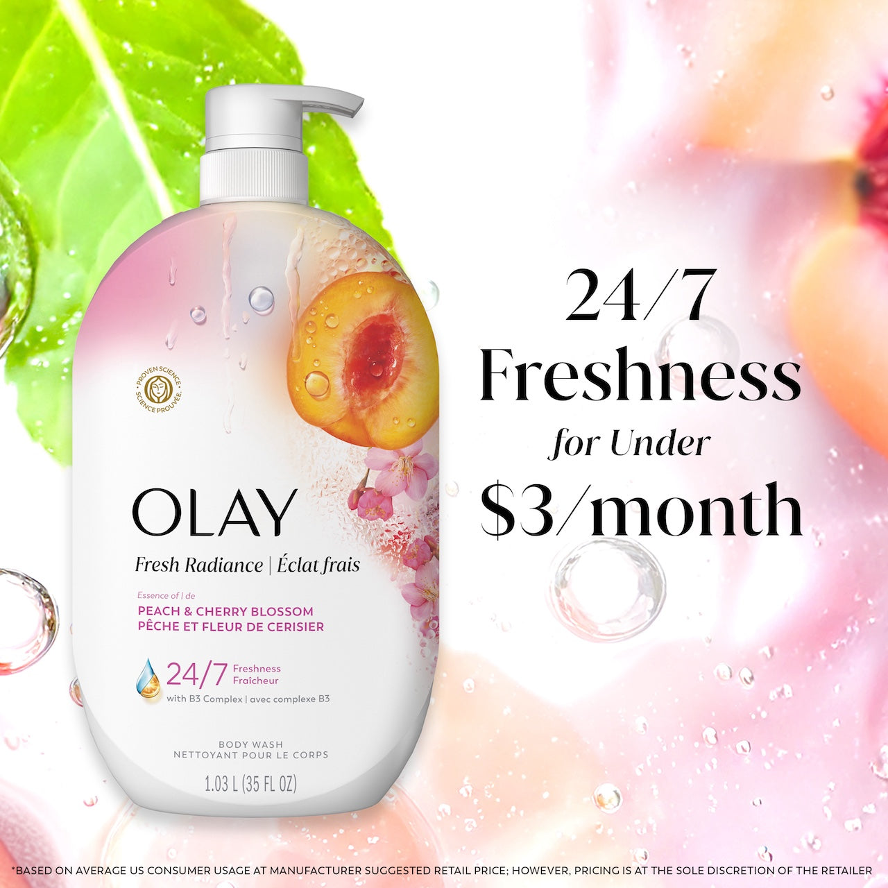Olay Fresh Radiance Body Wash with Essence of Peach and Cherry Blossom, Vitamin B3 and Antioxidant Blend 35oz
