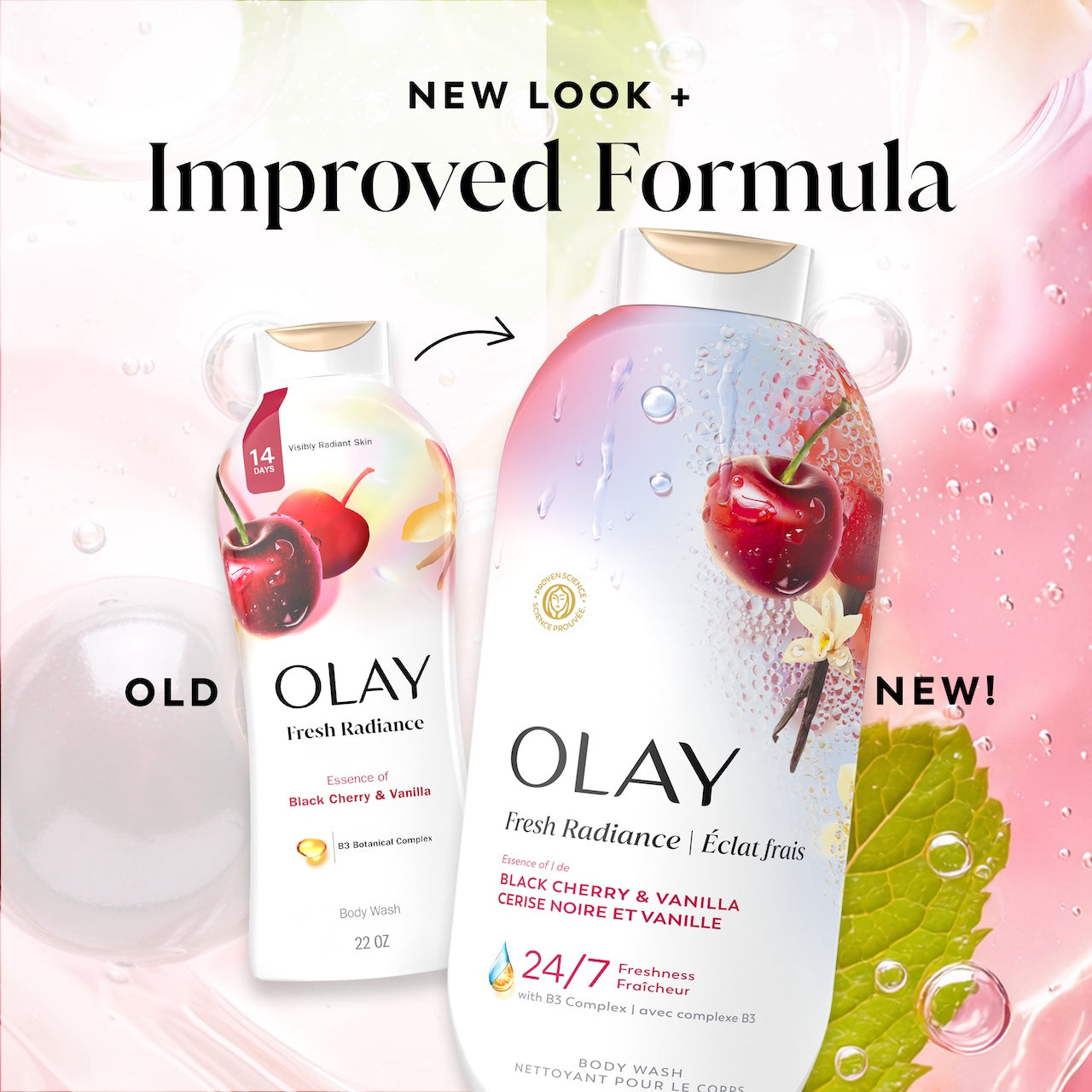 Olay Fresh Radiance Body Wash with Essence of Black Cherry and Vanilla, Vitamin B3 and Antioxidant Blend 22oz